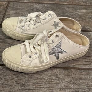 White and Silver Star Slip-On Sneakers